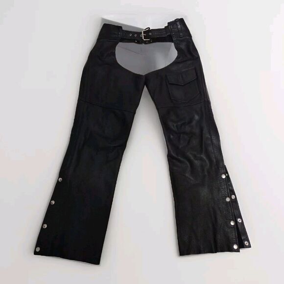 Vintage MOB Black Leather Biker Chaps Medium Unisex Y2K Punk Festival Edgy Rider - Picture 11 of 16